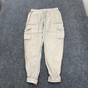 Nicole Miller Cargo Pants Women M Tan Linen Jogger Casual Utility Boho